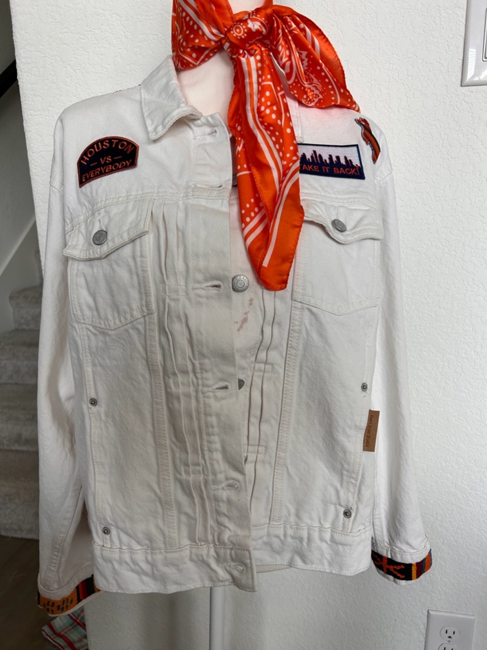White Women's Jean Jacket with Houston Astro Patch Details - one of a kind
